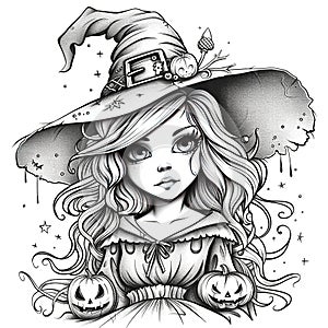 Young beautiful witch with long hair and big hat. Vector illustration photo